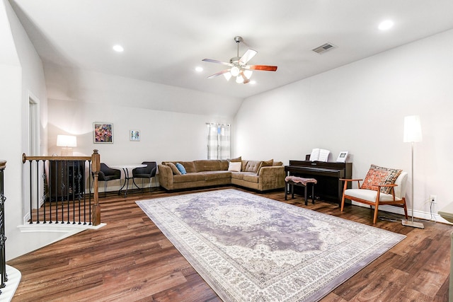 29306 Lovegrass Ct, Katy, TX 77494 - living room featuring ceiling fan, dark wood-style floors, vaulted ceiling, recessed lighting, and baseboards