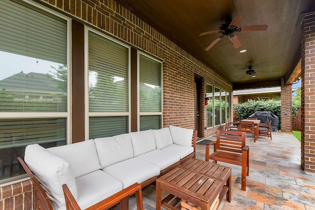 29306 Lovegrass Ct, Katy, TX 77494 - view of patio with an outdoor living space, a ceiling fan, and a grill