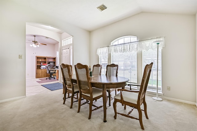 4934 Parkcrest Dr, La Porte, TX 77571 - dining area featuring arched walkways, ceiling fan, light carpet, a desk, and baseboards