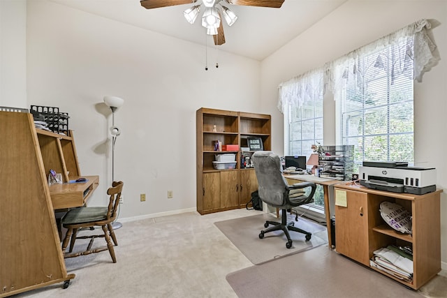 4934 Parkcrest Dr, La Porte, TX 77571 - carpeted office space with a ceiling fan, vaulted ceiling, and baseboards
