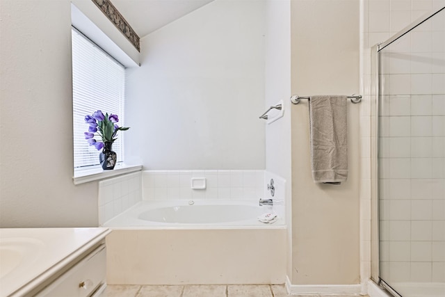 4934 Parkcrest Dr, La Porte, TX 77571 - full bathroom with a bath, vanity, a shower stall, and tile patterned flooring