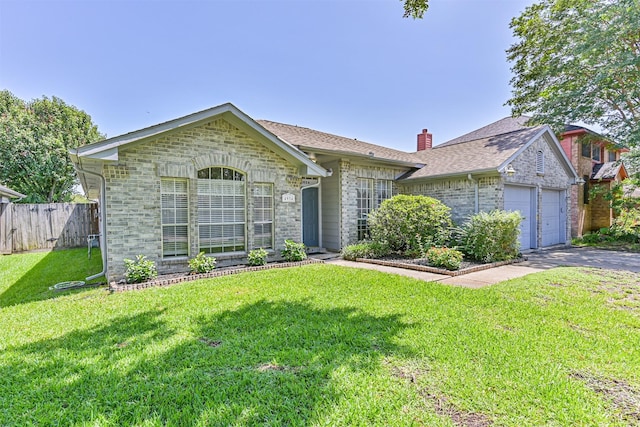 4934 Parkcrest Dr, La Porte, TX 77571 - single story home with stone siding, asphalt driveway, a chimney, a shingled roof, and a garage