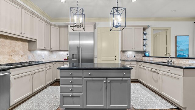 5558 Aspen St, Bellaire, TX 77401 - kitchen with appliances with stainless steel finishes, gray cabinets, open shelves, backsplash, and a sink