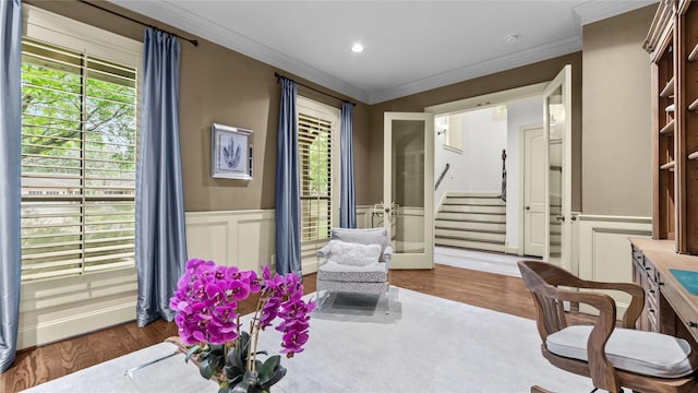 5558 Aspen St, Bellaire, TX 77401 - office featuring wood finished floors, crown molding, wainscoting, and recessed lighting