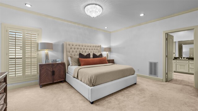 5558 Aspen St, Bellaire, TX 77401 - bedroom featuring light carpet, crown molding, baseboards, recessed lighting, and connected bathroom