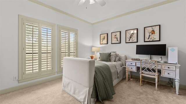5558 Aspen St, Bellaire, TX 77401 - carpeted bedroom featuring crown molding, a ceiling fan, and baseboards