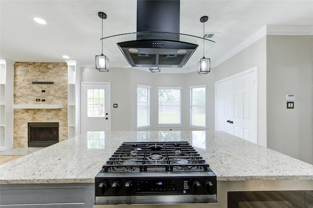 13727 Sablegarden Ln, Houston, TX 77014 - kitchen featuring ventilation hood, open floor plan, stovetop, crown molding, and light stone countertops
