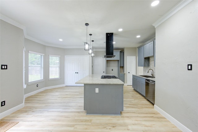 13727 Sablegarden Ln, Houston, TX 77014 - kitchen featuring dishwasher, extractor fan, gray cabinetry, hanging light fixtures, and recessed lighting