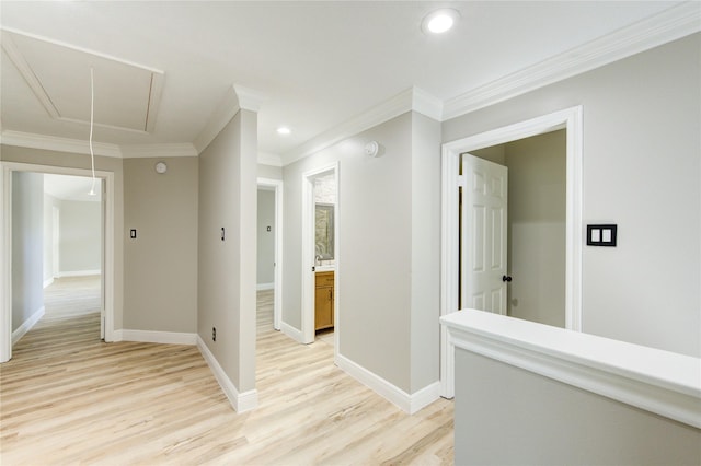 13727 Sablegarden Ln, Houston, TX 77014 - hall with attic access, ornamental molding, light wood-type flooring, baseboards, and recessed lighting