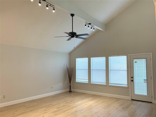 1935 Creekshire Dr, Sugar Land, TX 77478 - unfurnished room with track lighting, high vaulted ceiling, light wood-style flooring, a ceiling fan, and baseboards