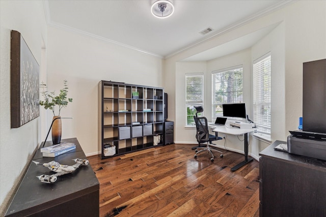 12427 Adams Ridge Ln, Humble, TX 77346 - office featuring hardwood / wood-style floors, ornamental molding, and baseboards