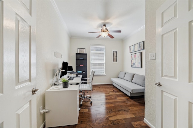 12427 Adams Ridge Ln, Humble, TX 77346 - home office with ornamental molding, dark wood-style floors, a ceiling fan, and baseboards