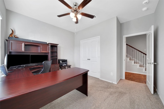 13854 Rock Island Trl, Conroe, TX 77384 - office featuring a ceiling fan, carpet flooring, and baseboards