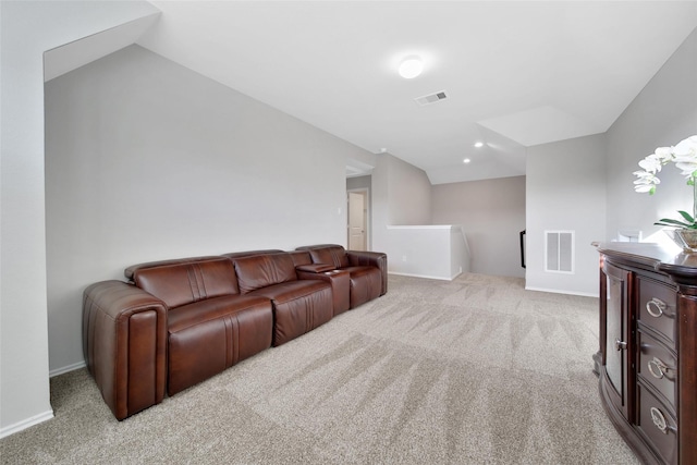 13854 Rock Island Trl, Conroe, TX 77384 - living room with light colored carpet, lofted ceiling, baseboards, and recessed lighting