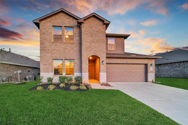 13854 Rock Island Trl, Conroe, TX 77384 - traditional-style home with driveway, stone siding, a yard, and central air condition unit