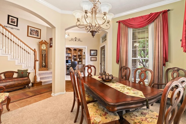 24 Yacht Hbr, Montgomery, TX 77356 - carpeted dining area with tile patterned floors, ornamental molding, a chandelier, stairs, and arched walkways