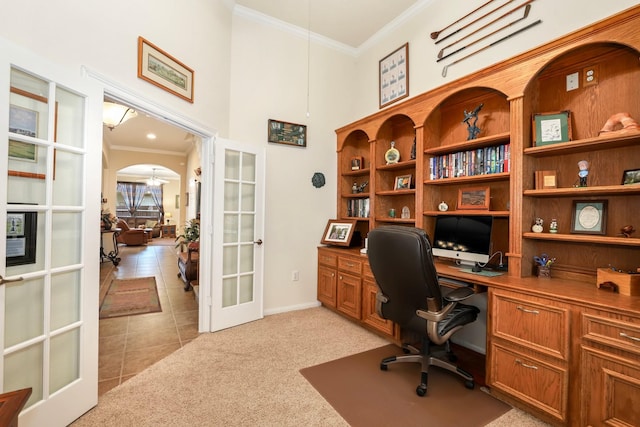 24 Yacht Hbr, Montgomery, TX 77356 - home office with french doors, crown molding, light carpet, built in study area, and a high ceiling