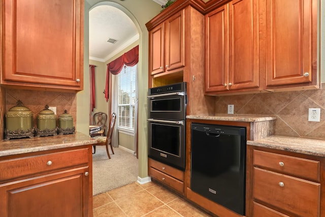 24 Yacht Hbr, Montgomery, TX 77356 - kitchen featuring black dishwasher, double wall oven, crown molding, tasteful backsplash, and baseboards