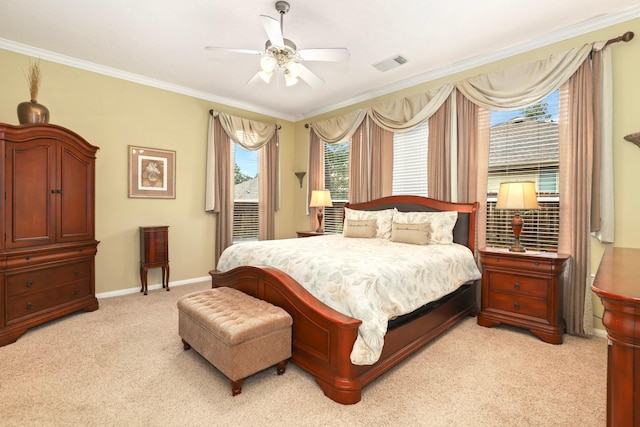 24 Yacht Hbr, Montgomery, TX 77356 - bedroom featuring ornamental molding, light colored carpet, baseboards, and ceiling fan