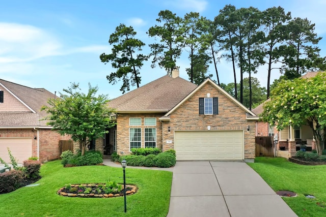 24 Yacht Hbr, Montgomery, TX 77356 - craftsman house with concrete driveway, a chimney, stone siding, and roof with shingles