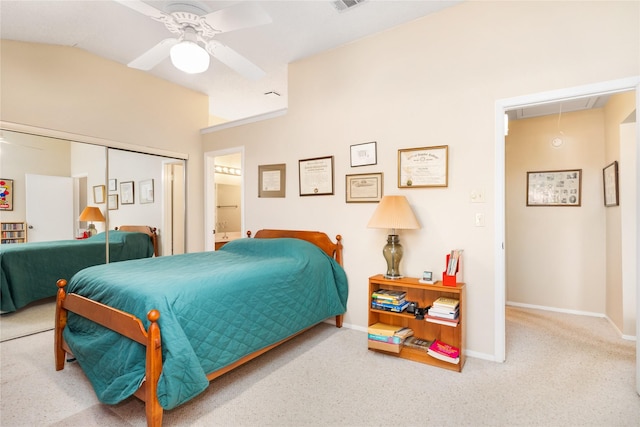 2711 Grants Lake Blvd Unit 144, Sugar Land, TX 77479 - carpeted bedroom featuring attic access, a closet, baseboards, ensuite bathroom, and ceiling fan