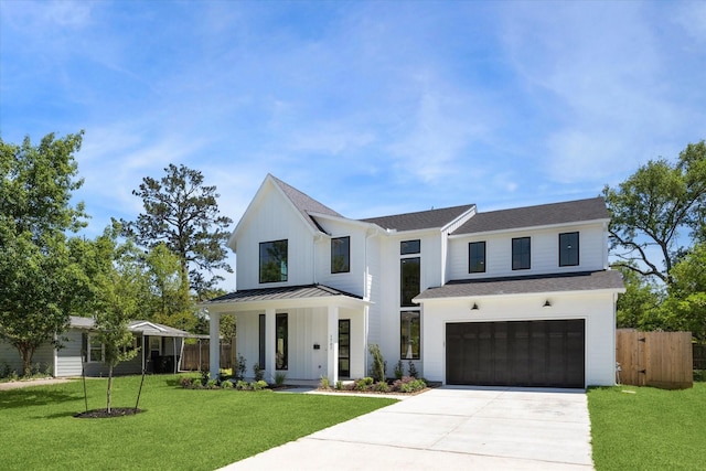 1707 Nina Lee Ln, Houston, TX 77018 - modern inspired farmhouse featuring board and batten siding, driveway, a garage, a standing seam roof, and roof with shingles