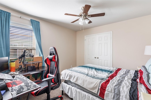 187 Deer Lake Rd, Huffman, TX 77336 - bedroom featuring carpet floors, a desk, and a ceiling fan