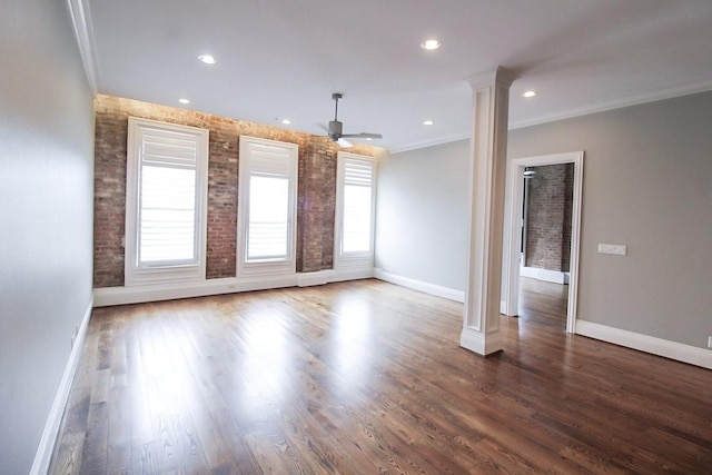 2207 Postoffice St Unit 208, Galveston, TX 77550 - unfurnished room featuring decorative columns, baseboards, ceiling fan, ornamental molding, and recessed lighting