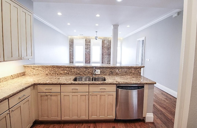 2207 Postoffice St Unit 208, Galveston, TX 77550 - kitchen with dishwasher, a sink, ornamental molding, a peninsula, and dark wood-style floors