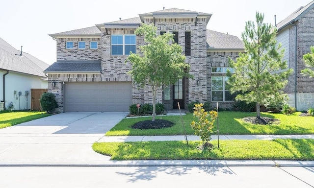 15842 Formaston Forest Dr, Humble, TX 77346 - view of front facade with brick siding, concrete driveway, a front yard, a garage, and a shingled roof