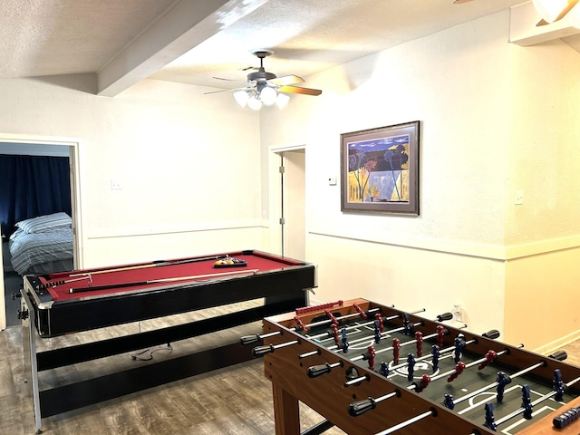 320 Deer Run Rd, Trinity, TX 75862 - recreation room featuring billiards, wood finished floors, ceiling fan, beamed ceiling, and a textured ceiling