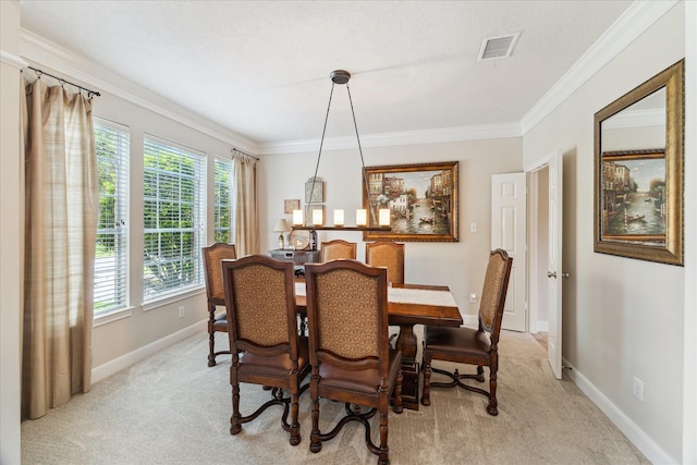 2122 Misty River Trl, Kingwood, TX 77345 - dining room featuring crown molding, light carpet, plenty of natural light, and baseboards
