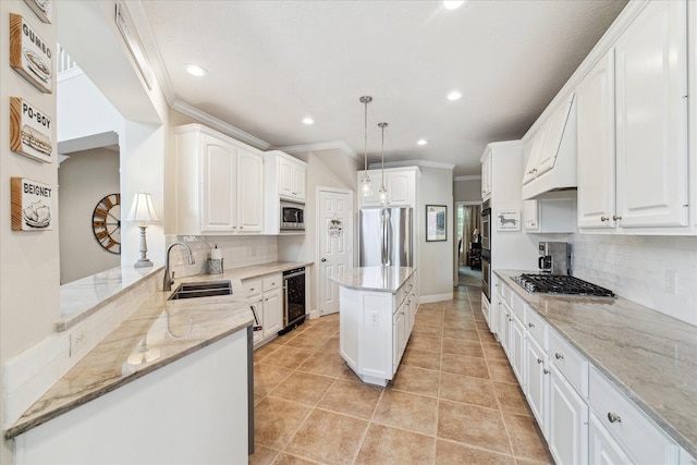 2122 Misty River Trl, Kingwood, TX 77345 - kitchen with appliances with stainless steel finishes, a sink, wine cooler, ornamental molding, and backsplash