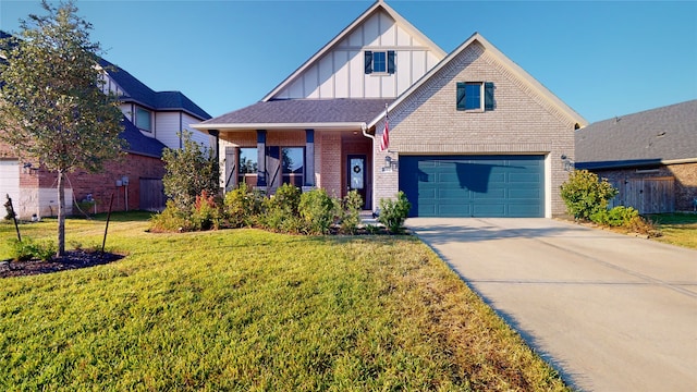 2002 Village Orchard Ln, Katy, TX 77423 - view of front facade with board and batten siding, brick siding, concrete driveway, a garage, and a porch