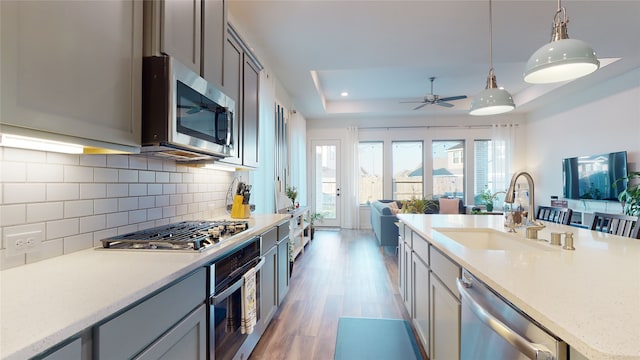 2002 Village Orchard Ln, Katy, TX 77423 - kitchen featuring stainless steel appliances, a sink, a raised ceiling, open floor plan, and wood finished floors