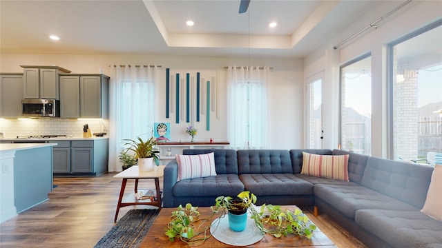 2002 Village Orchard Ln, Katy, TX 77423 - living room with plenty of natural light, a raised ceiling, wood finished floors, a ceiling fan, and recessed lighting