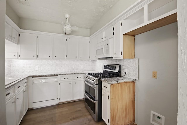 14922 Sandy Creek Dr, Houston, TX 77070 - kitchen featuring white appliances, backsplash, dark wood-style floors, and white cabinets