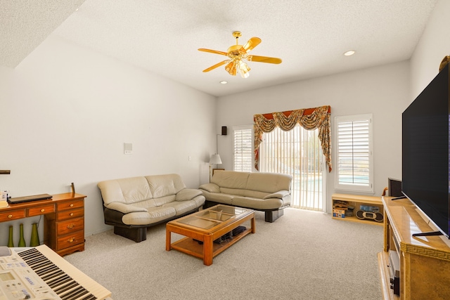 6574 Eagle Ridge Dr, El Paso, TX 79912 - living room featuring ceiling fan, light carpet, recessed lighting, and a textured ceiling