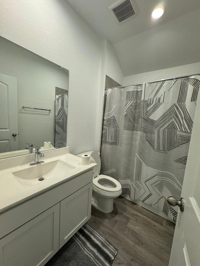 10026 Rose Mallow Ln, Magnolia, TX 77354 - full bathroom featuring toilet, vanity, wood finished floors, vaulted ceiling, and a shower with curtain