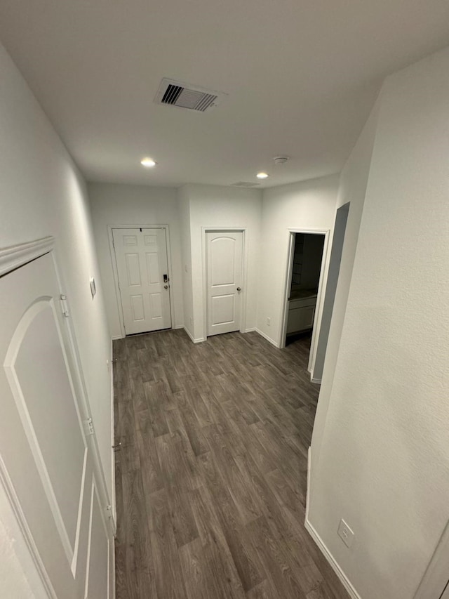 10026 Rose Mallow Ln, Magnolia, TX 77354 - hall featuring baseboards, dark wood-style floors, and recessed lighting