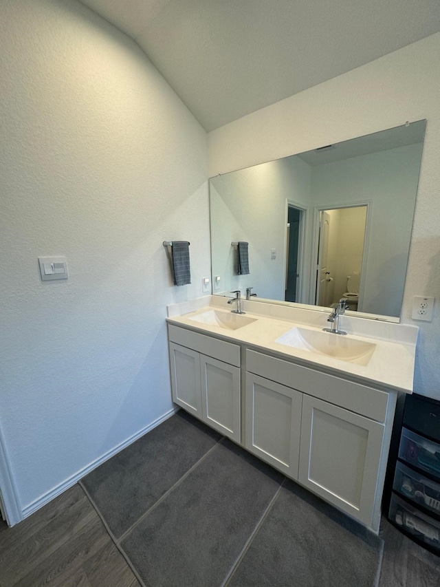 10026 Rose Mallow Ln, Magnolia, TX 77354 - full bath with double vanity, lofted ceiling, toilet, and baseboards