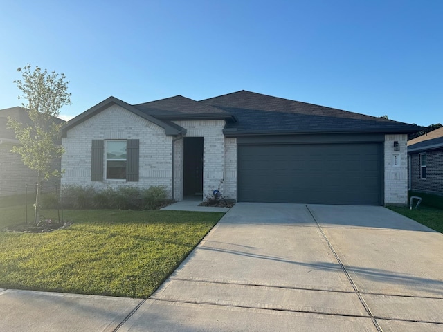 10026 Rose Mallow Ln, Magnolia, TX 77354 - ranch-style house featuring a front yard, driveway, an attached garage, brick siding, and roof with shingles