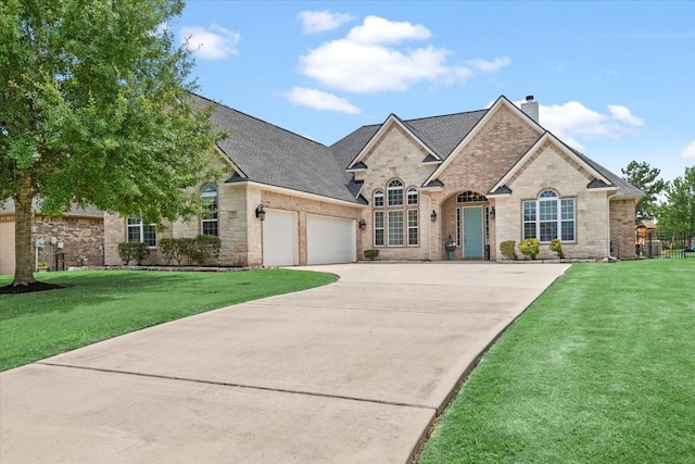 231 N Waterstone Dr, Montgomery, TX 77356 - french provincial home featuring an attached garage, a chimney, stone siding, and a front lawn