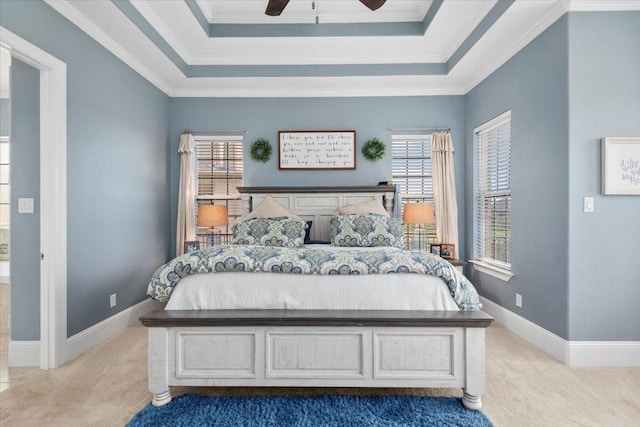 231 N Waterstone Dr, Montgomery, TX 77356 - bedroom with carpet floors, a raised ceiling, ornamental molding, baseboards, and a ceiling fan