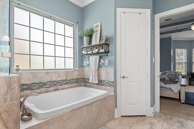 231 N Waterstone Dr, Montgomery, TX 77356 - full bath featuring a garden tub, a ceiling fan, ornamental molding, and ensuite bath