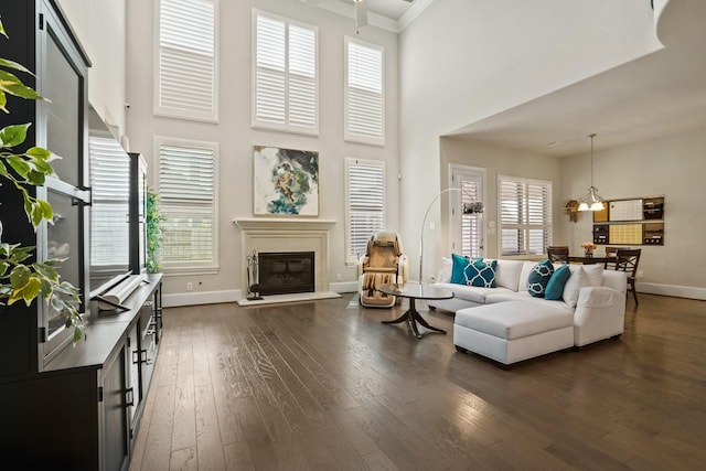9810 Mount Whitney, Missouri City, TX 77459 - living room featuring a high ceiling, baseboards, a glass covered fireplace, dark wood finished floors, and healthy amount of natural light