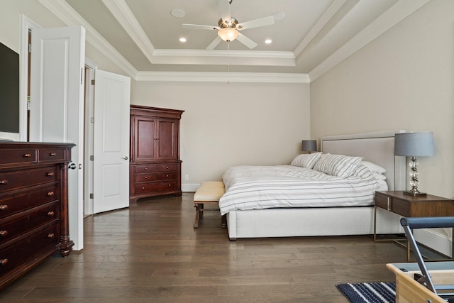 9810 Mount Whitney, Missouri City, TX 77459 - bedroom featuring a tray ceiling, dark wood finished floors, recessed lighting, crown molding, and ceiling fan
