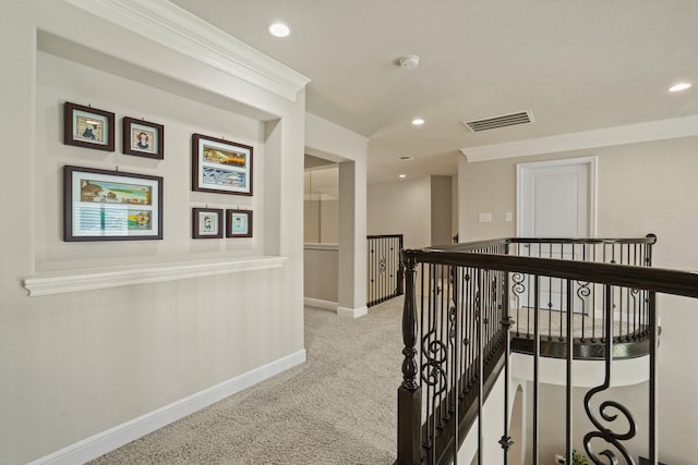 9810 Mount Whitney, Missouri City, TX 77459 - hallway featuring an upstairs landing, baseboards, carpet floors, recessed lighting, and crown molding