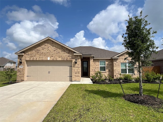10518 Sutter Creek Dr, Iowa Colony, TX 77583 - ranch-style house with brick siding, concrete driveway, a front lawn, a garage, and roof with shingles