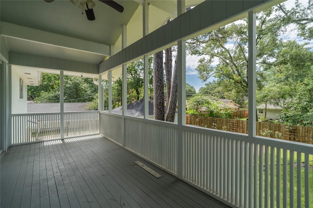 215 Whispering Oaks Dr, Taylor Lake Village, TX 77586 - unfurnished sunroom with ceiling fan and vaulted ceiling